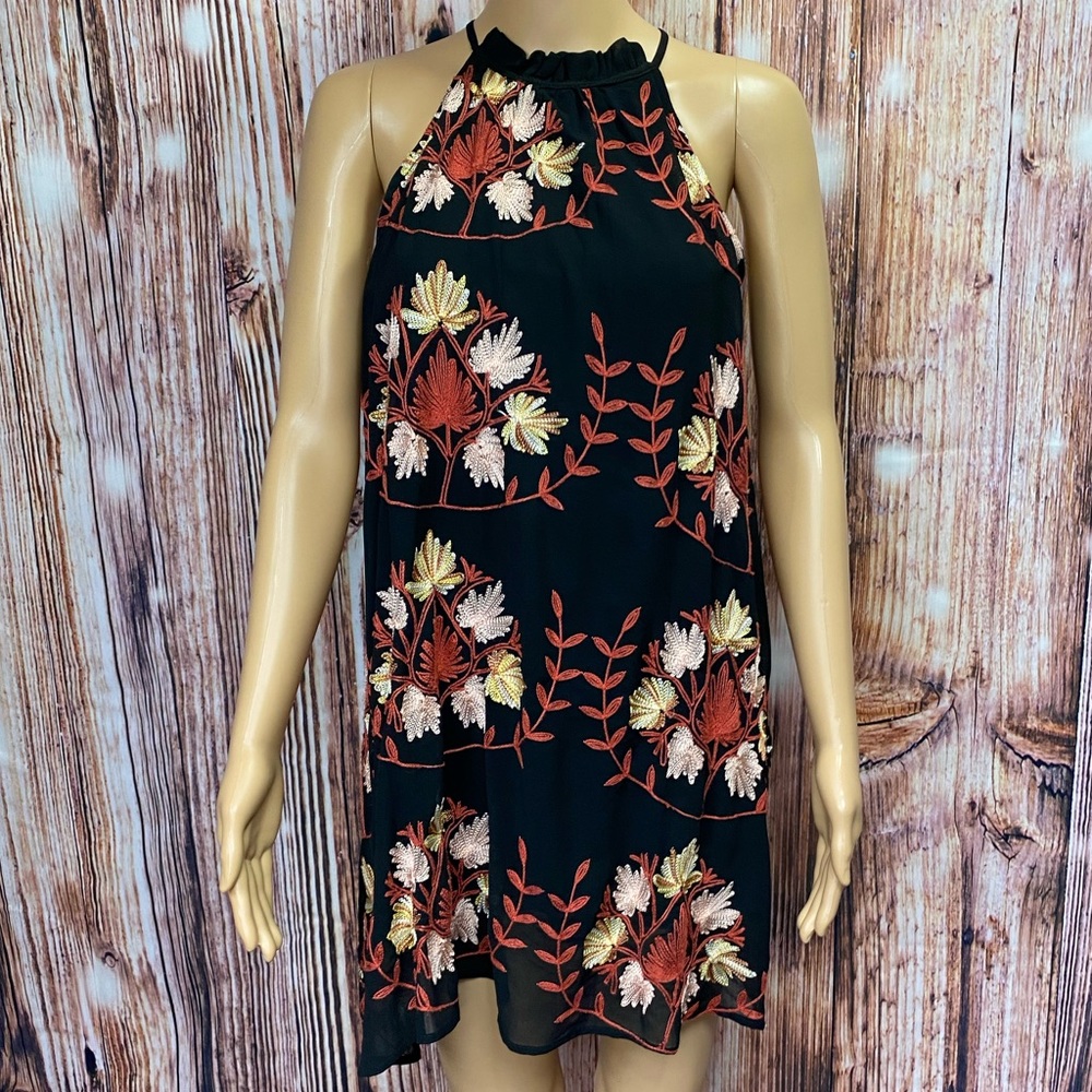 Chelsea & Violet Black Mini Dress with Autumn Floral Embroidery